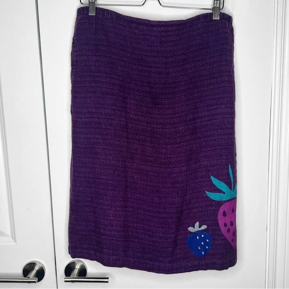 Flax Purple Pencil Skirt with Fruit Motif 100% Linen Size Medium